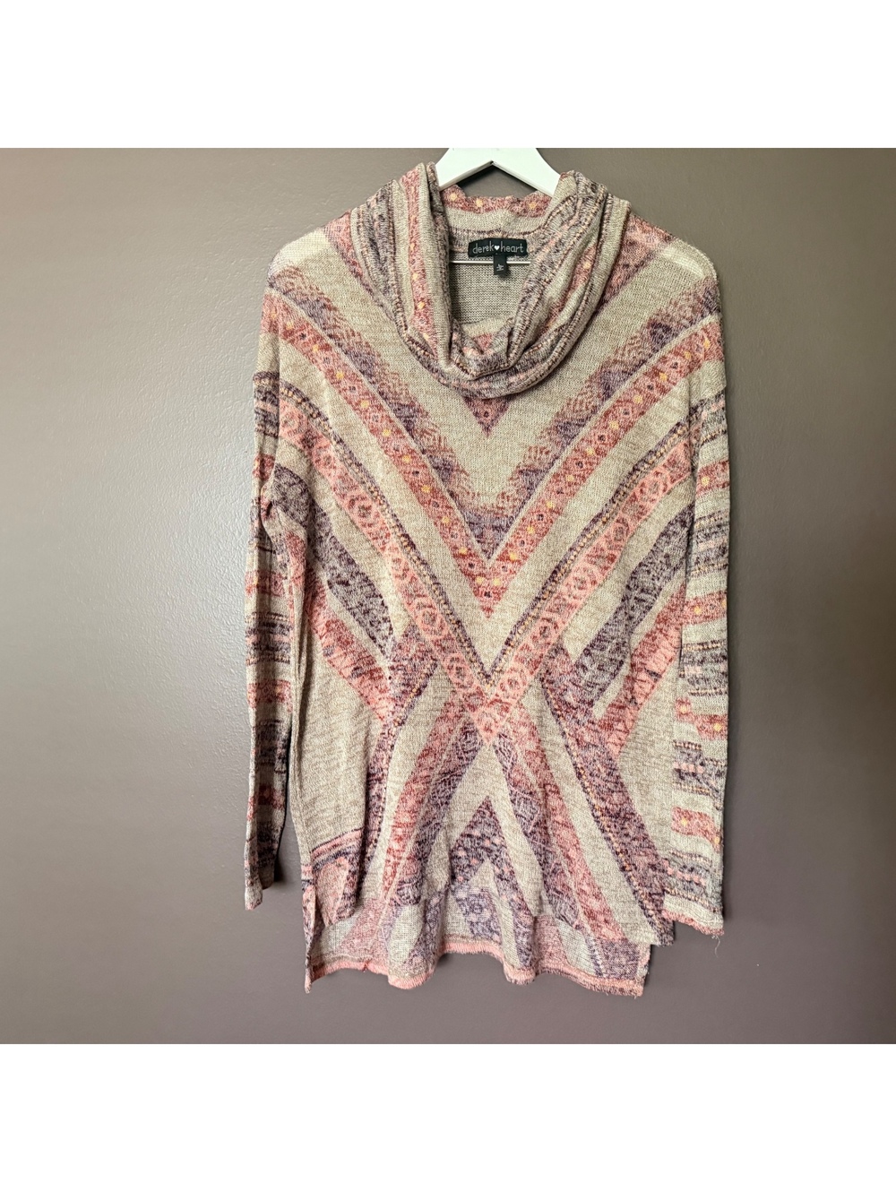 Derek Heart Boho Southwestern Cowl Neck Tunic Sweater Pink Taupe L
